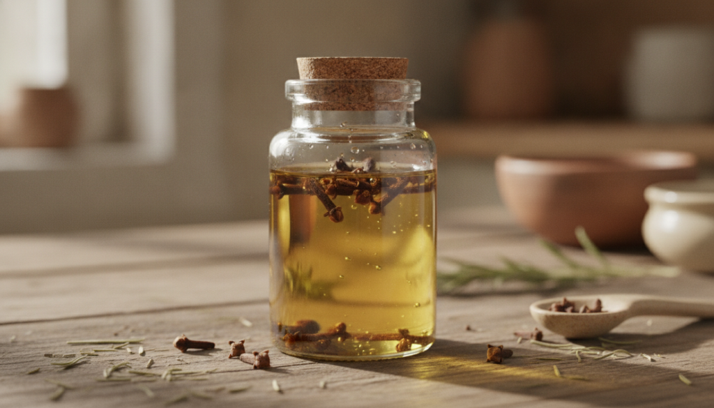 A close-up shot of cloves infusing in olive oil in a small glass jar with a soft warm light emphasizing the natural ingr