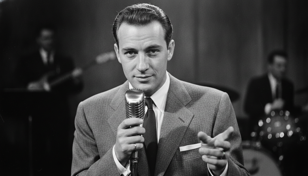 A black and white portrait of a young Frank Sinatra with a microphone