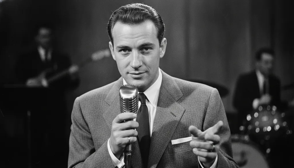 A black and white portrait of a young Frank Sinatra with a microphone