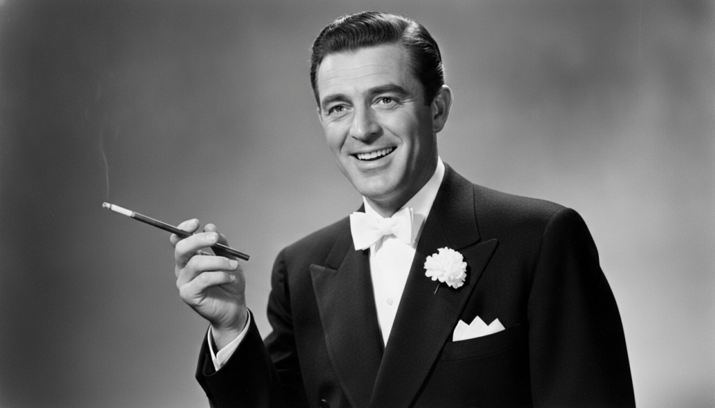 A black and white portrait of a smiling Cary Grant