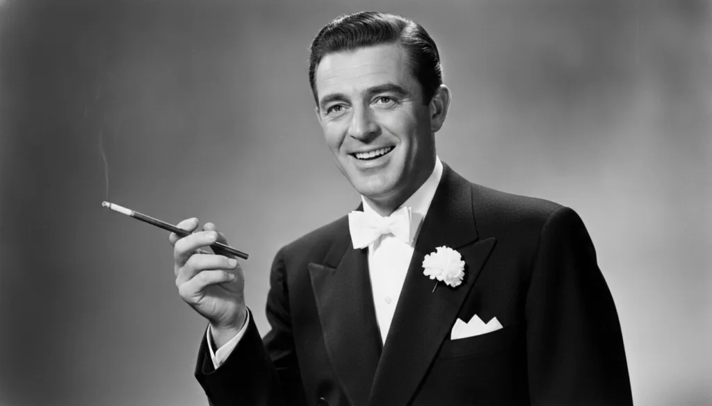 A black and white portrait of a smiling Cary Grant
