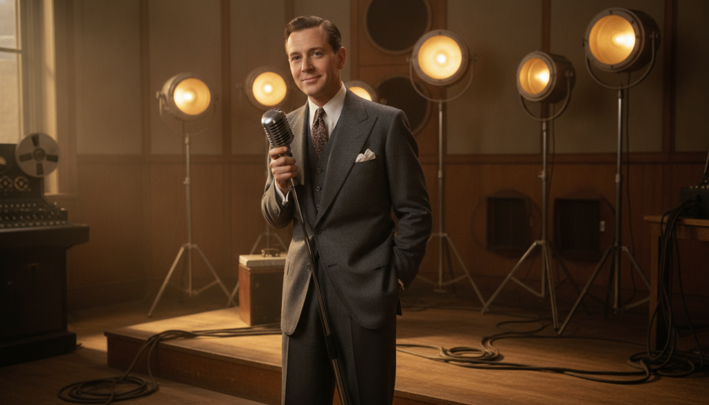 Young Bing Crosby in a suit holding a microphone in a classic studio setting
