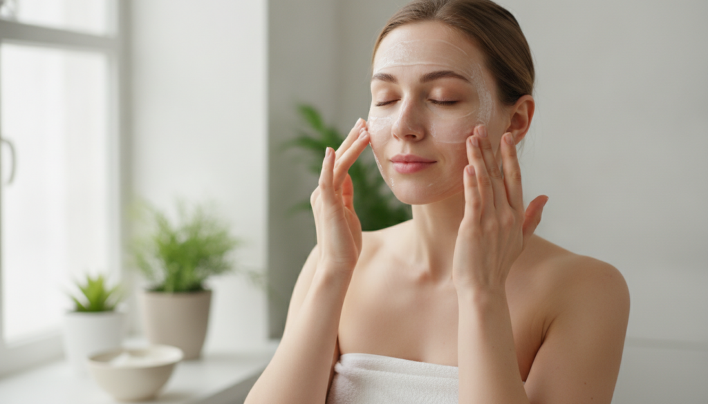 A woman gently applying a thin layer of the homemade potato gel to her clean face focusing on her cheeks and forehead He