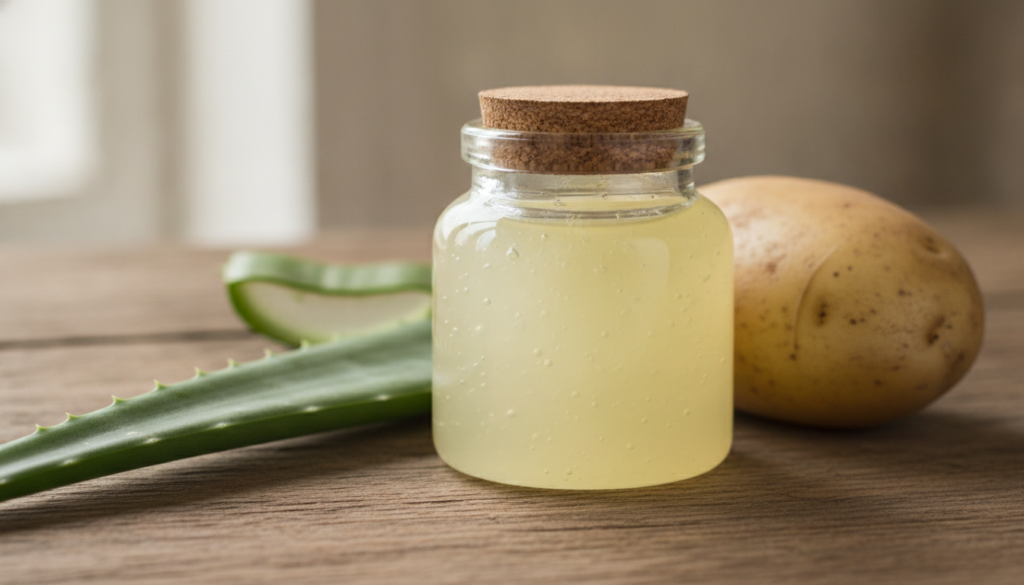 A small clear glass jar filled with the finished potato and aloe vera gel sitting on a wooden surface with a fresh aloe 