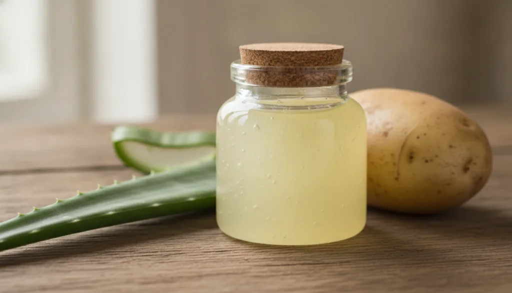 A small clear glass jar filled with the finished potato and aloe vera gel sitting on a wooden surface with a fresh aloe 