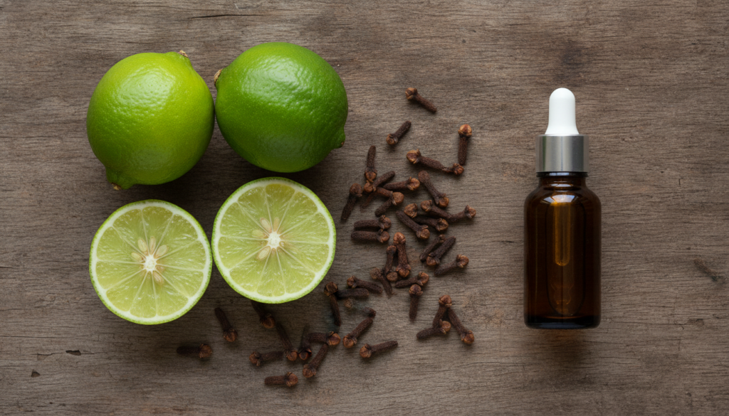A flat lay of fresh limes dried cloves and a small bottle of a carrier oil like almond or jojoba oil showcasing the main
