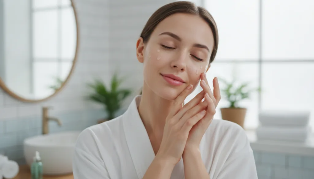 A woman gently massaging a few drops of serum onto her clean face with soft glowing skin Her expression is serene and ha