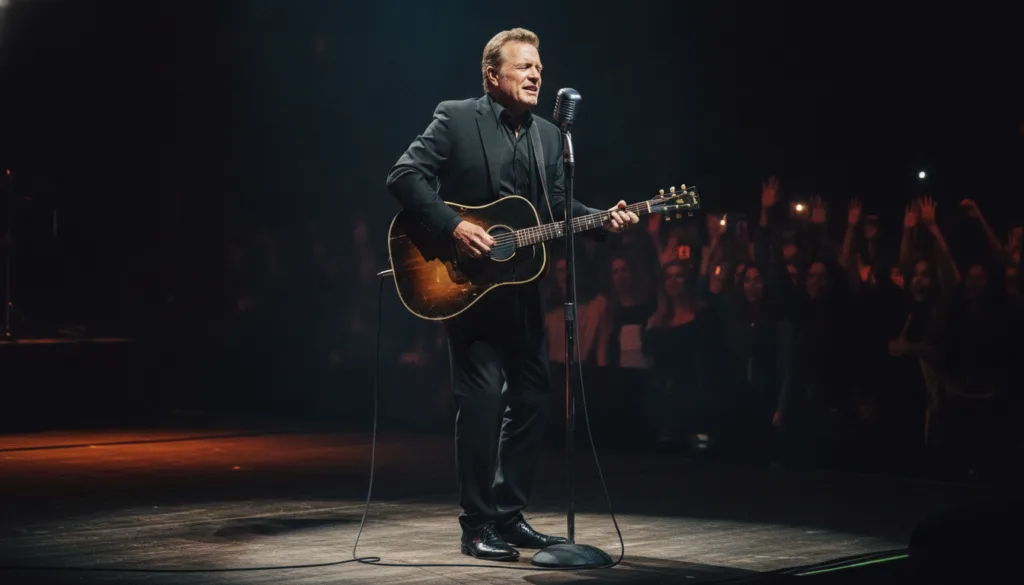 Johnny Cash performing live on stage wearing his iconic black suit with a guitar in hand and a microphone The stage ligh