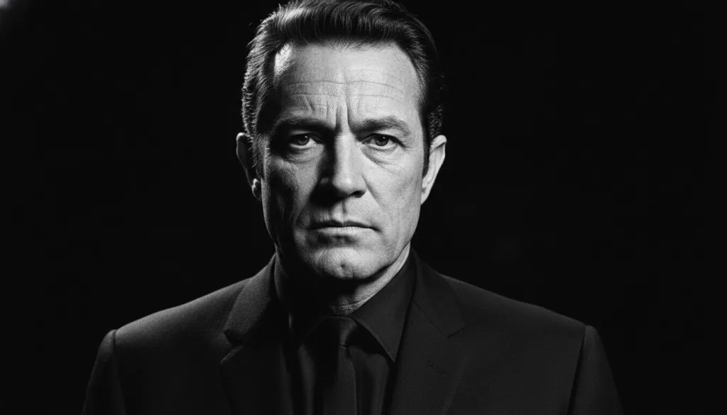A black and white portrait of Johnny Cash looking directly at the viewer with a serious expression typical of a celebrit