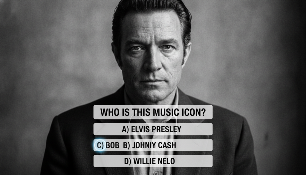 A black and white portrait of Johnny Cash with a multiple-choice quiz overlay