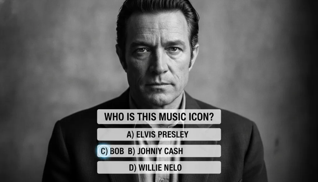 A black and white portrait of Johnny Cash with a multiple-choice quiz overlay