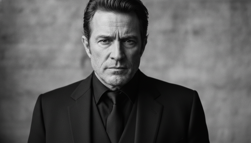 A black and white close-up portrait of Johnny Cash looking thoughtful