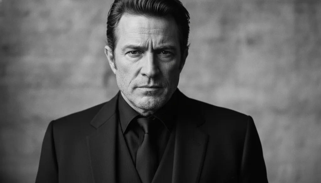 A black and white close-up portrait of Johnny Cash looking thoughtful