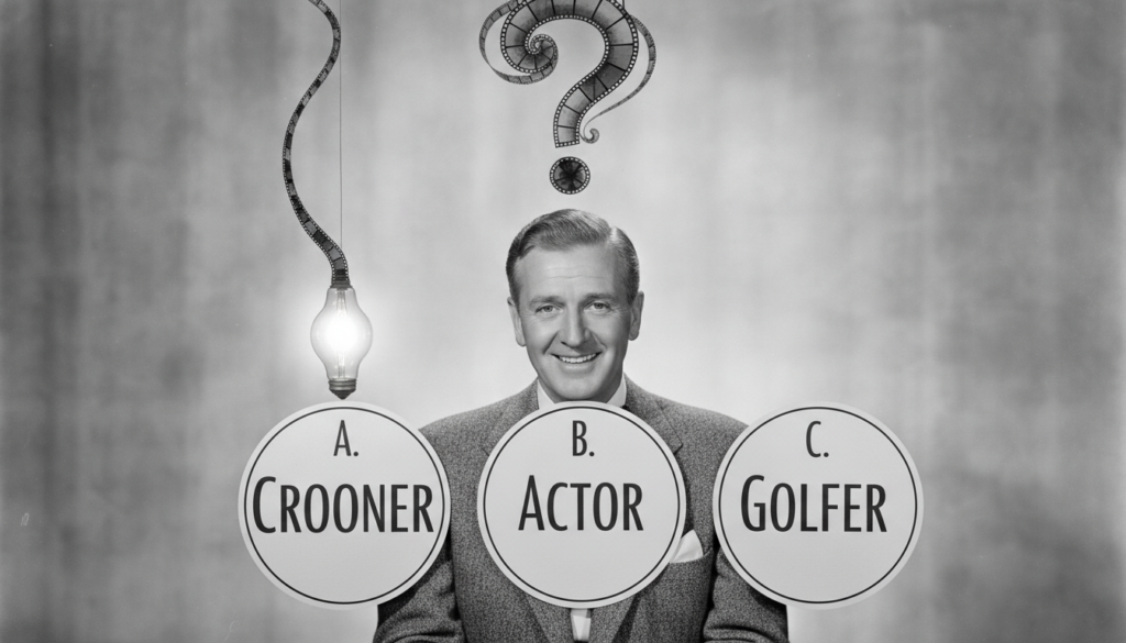 Black and white portrait of a smiling Bing Crosby as if part of a multiple-choice quiz