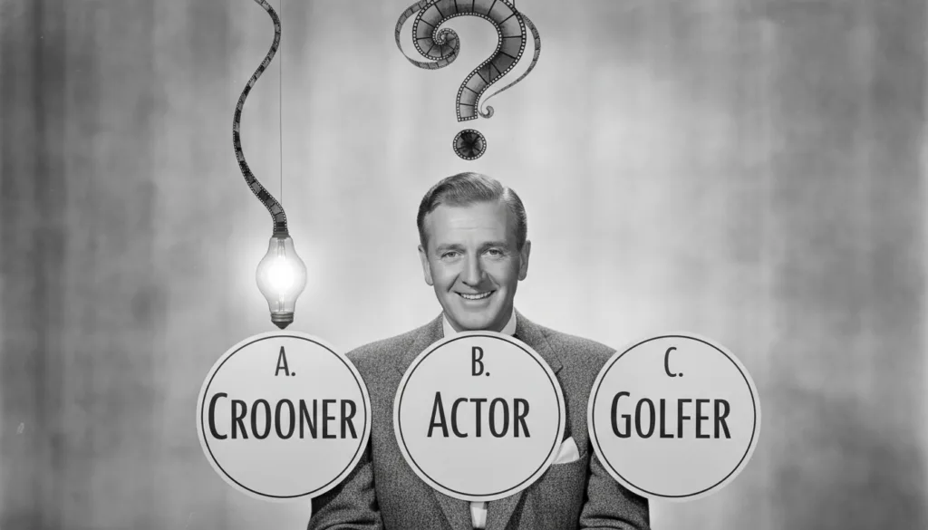 Black and white portrait of a smiling Bing Crosby as if part of a multiple-choice quiz
