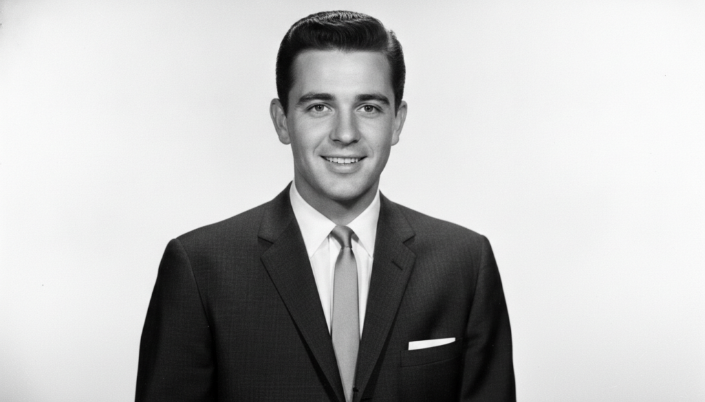A black and white portrait of a young Bobby Darin looking at the camera with a confident smile wearing a suit and tie