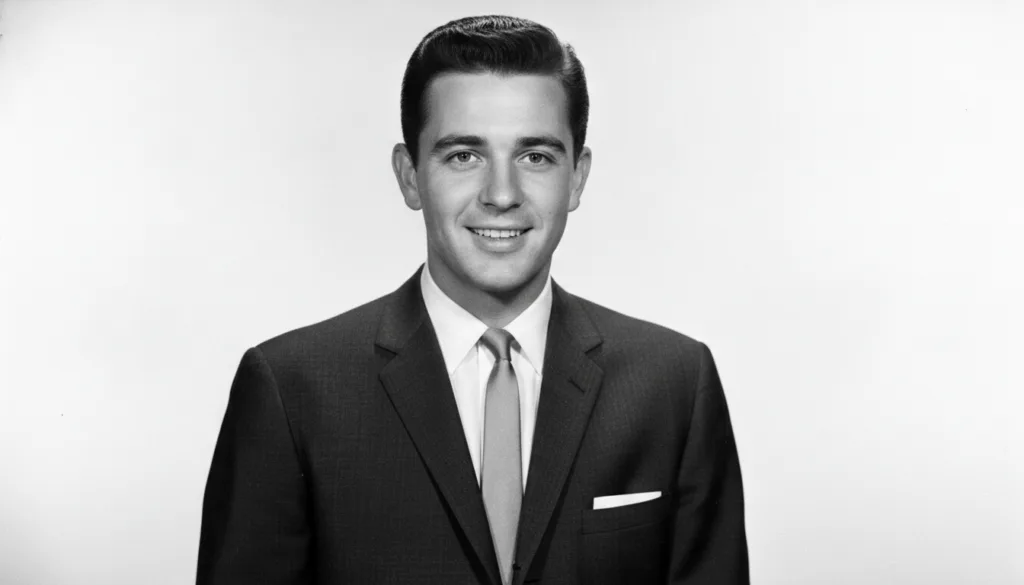A black and white portrait of a young Bobby Darin looking at the camera with a confident smile wearing a suit and tie