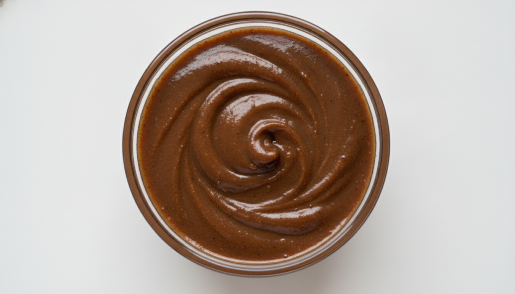 Close-up of a small glass bowl filled with the prepared coffee and baby oil paste showing its smooth rich texture