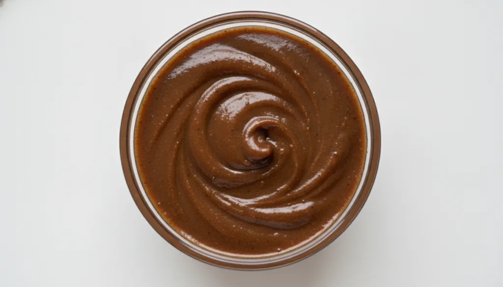 Close-up of a small glass bowl filled with the prepared coffee and baby oil paste showing its smooth rich texture