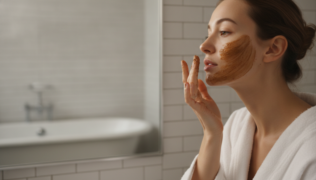 A woman gently applying the coffee and baby oil paste to her cheek with her fingertips looking into a mirror Her skin ap