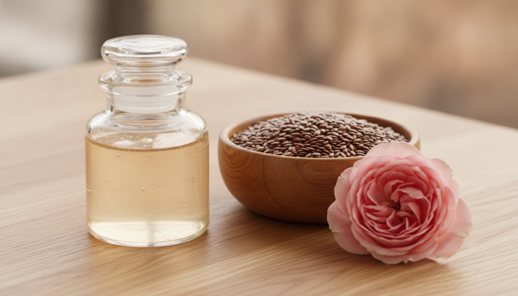 A small glass jar filled with homemade flaxseed collagen night gel next to a bowl of flaxseeds and a delicate rose conve