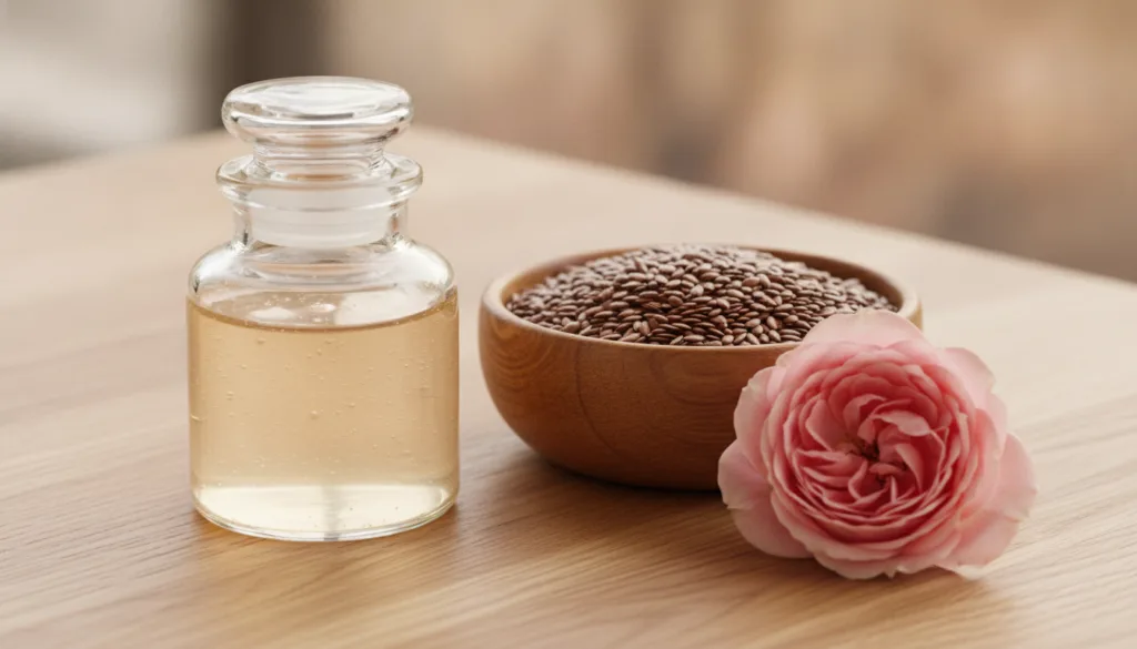 A small glass jar filled with homemade flaxseed collagen night gel next to a bowl of flaxseeds and a delicate rose conve