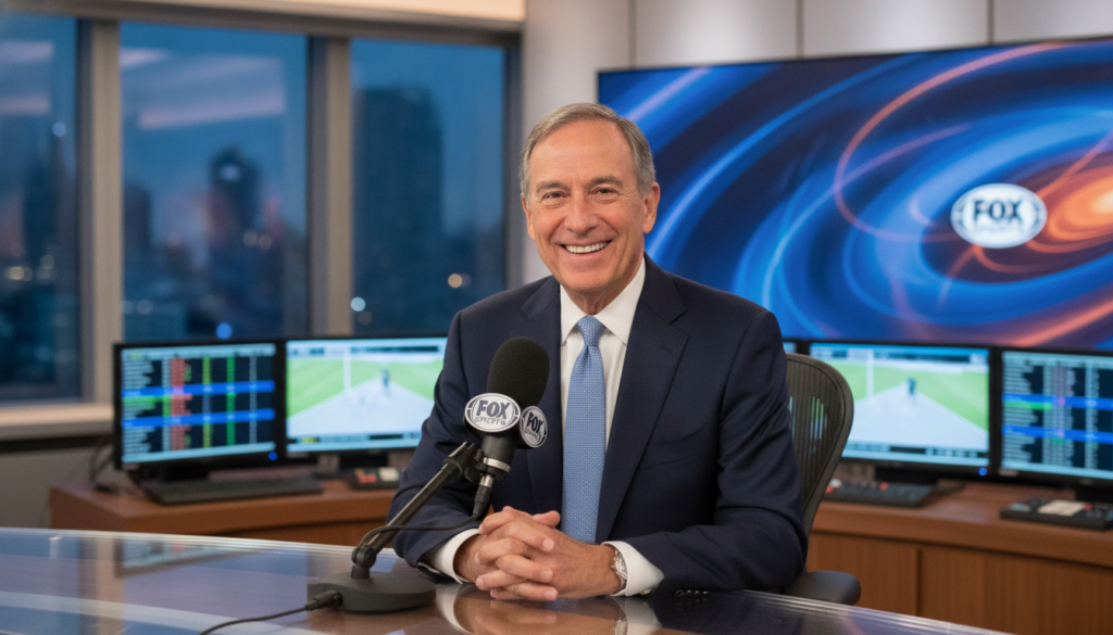 Sam Rosen an American sportscaster smiling while sitting at a broadcasting desk with a microphone