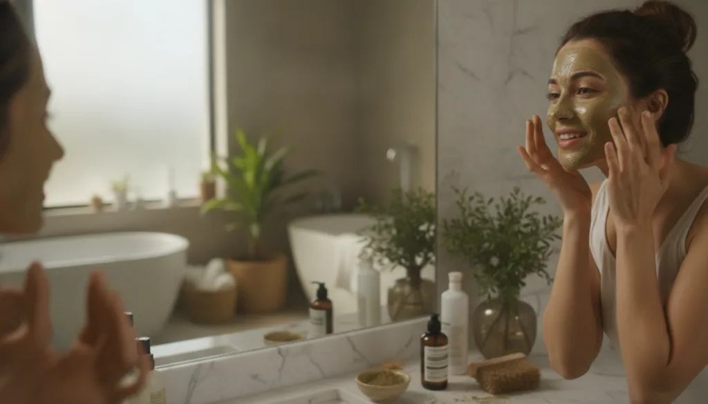 A woman applying a Multani Mitti face pack to her face smiling gently in a well-lit bathroom conveying a sense of natura