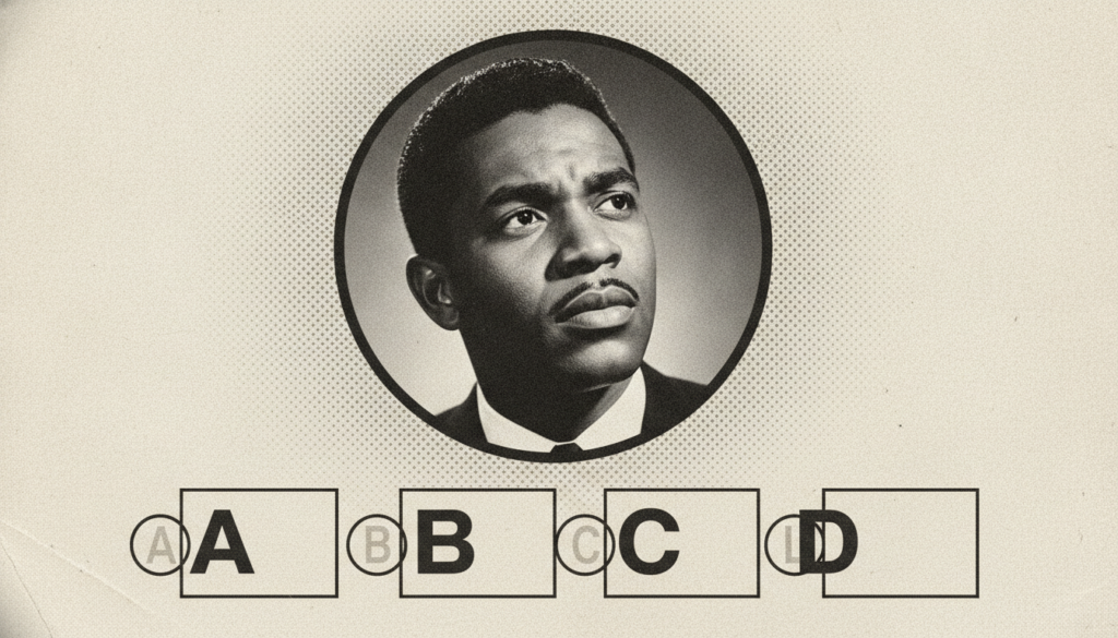 A vintage-style multiple-choice quiz image featuring a black and white portrait of Sam Cooke with options A B C D listed