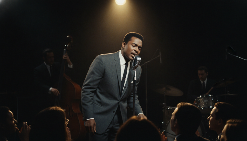 Sam Cooke performing on stage singing into a microphone with a spotlight on him