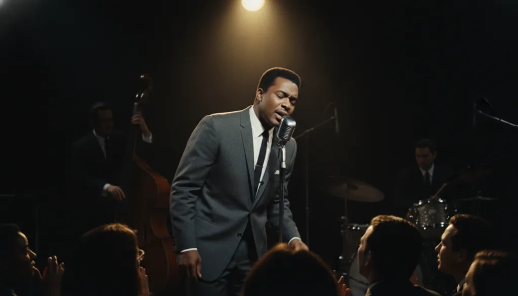 Sam Cooke performing on stage singing into a microphone with a spotlight on him