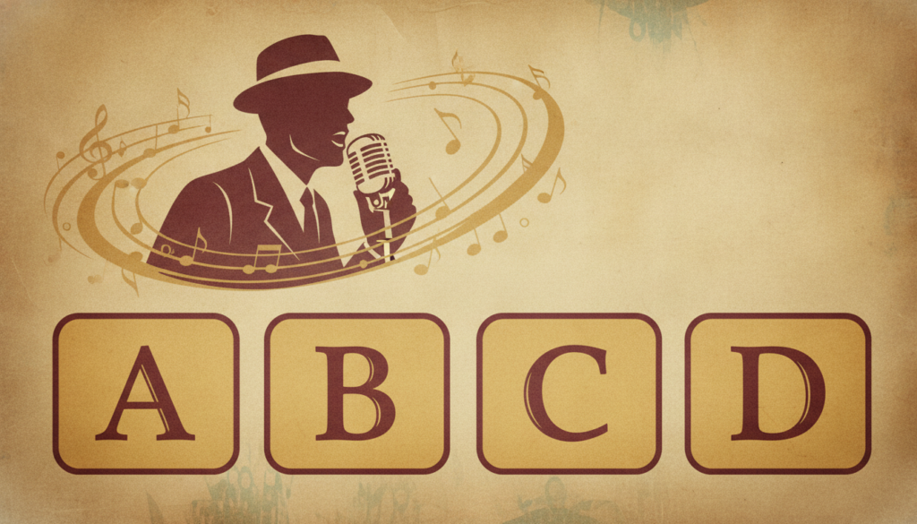 A multiple-choice quiz graphic asking to identify a legendary crooner by their voice with options A B C D visible