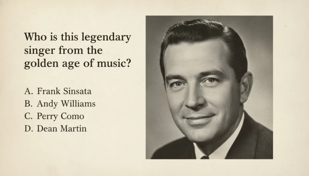 A black and white multiple-choice quiz image asking Who is this legendary singer from the golden age of music with a por
