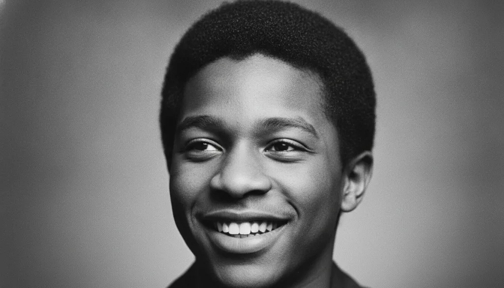 A black and white portrait of a young Stevie Wonder smiling and possibly singing from a vintage quiz question