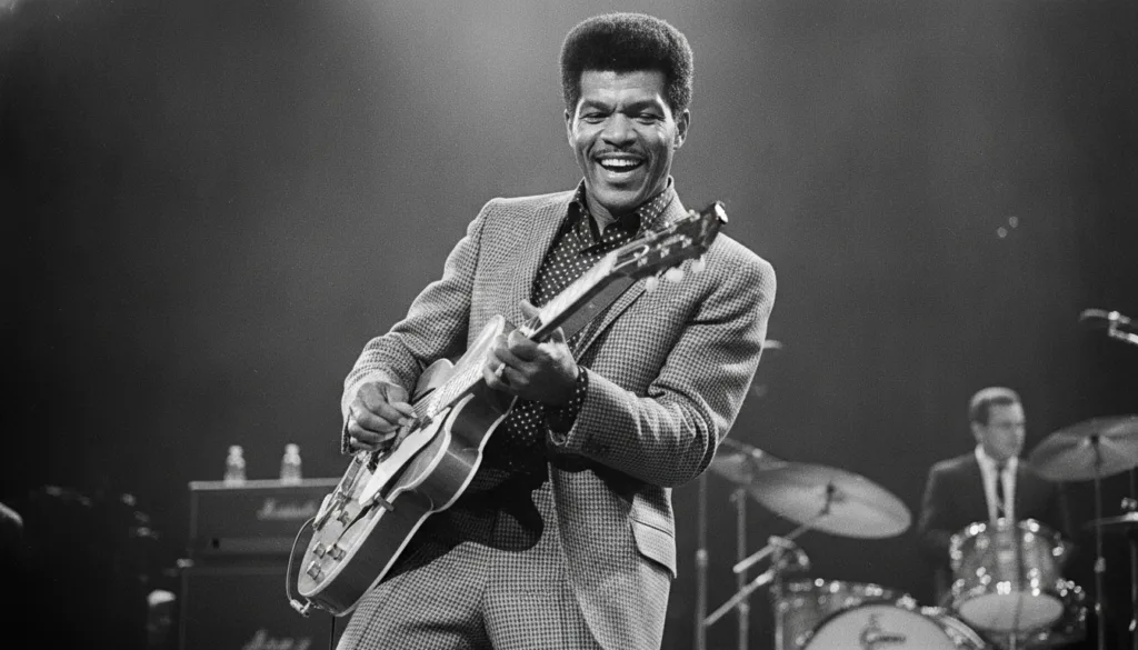 A black and white portrait of Chuck Berry smiling and playing an electric guitar framed as a multiple-choice quiz questi