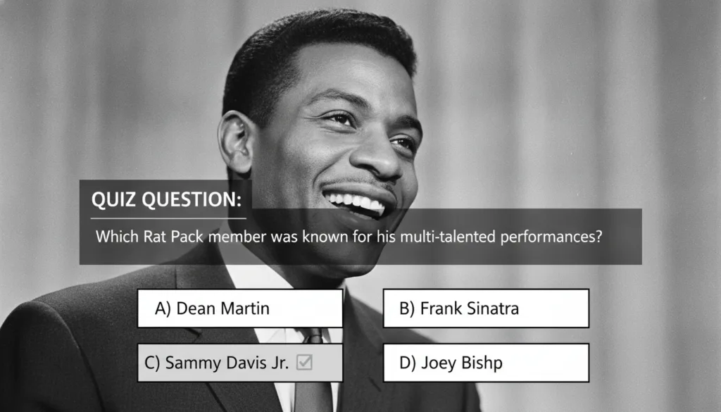 Black and white portrait of Sammy Davis Jr as part of a multiple-choice quiz with four options