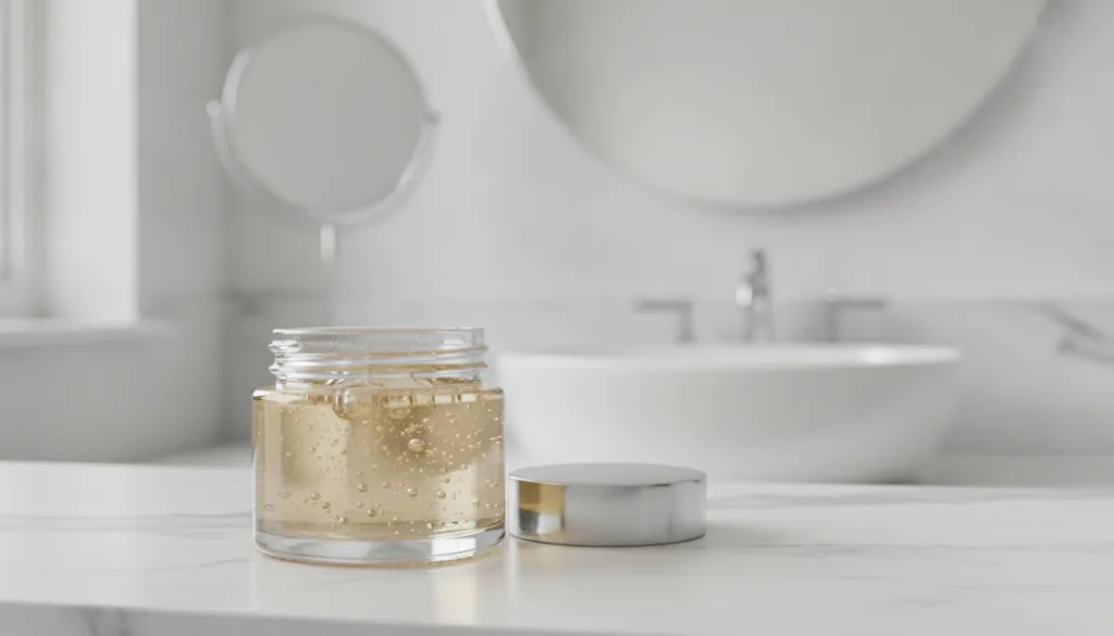 A small clear glass jar filled with the finished light amber-colored gel placed on a vanity with soft lighting