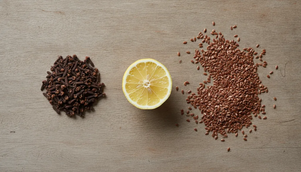 A flat lay of ingredients for the gel flaxseeds whole cloves and a freshly cut lemon neatly arranged on a natural wooden