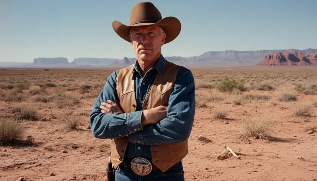 Chuck Norris as Cordell Walker in Walker Texas Ranger wearing his signature cowboy hat and a serious expression possibly
