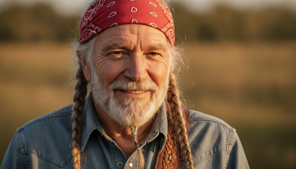 An iconic portrait of Willie Nelson perhaps with his bandana and braids
