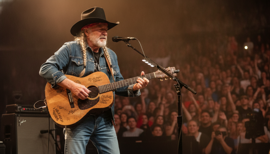Willie Nelson performing on stage with his guitar Trigger