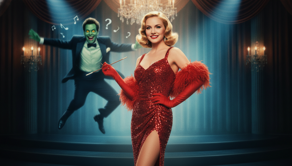 Cameron Diaz in character from The Mask a vibrant green-masked Jim Carrey in the background