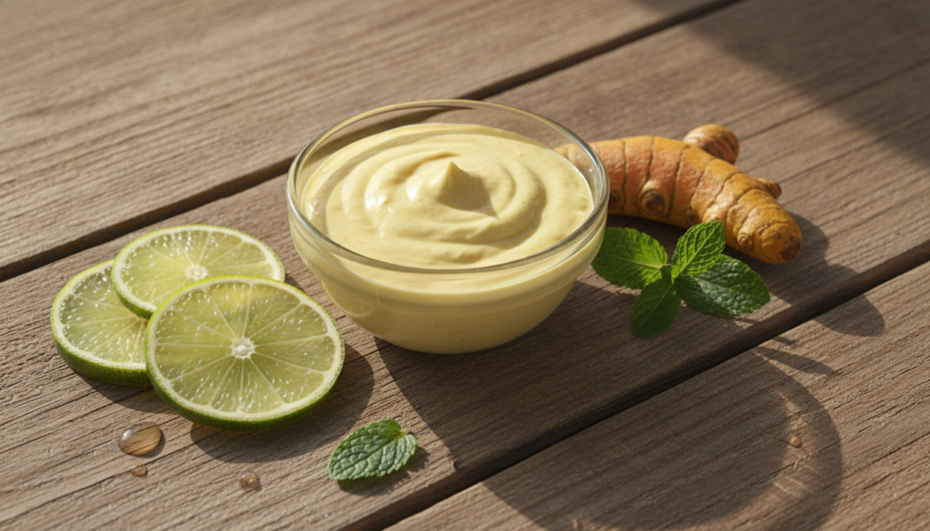A close-up of a DIY face mask with fresh ingredients like lime and turmeric next to a small bowl and mixing tools evokin