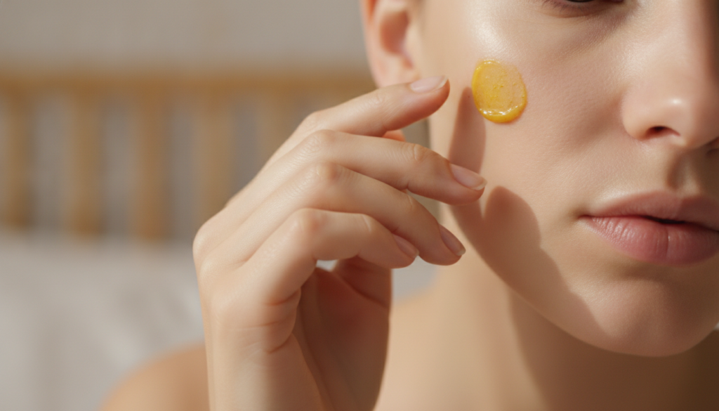 A person s hand gently applying the yellow turmeric-Vaseline balm to their cheek or forehead The skin looks soft and wel