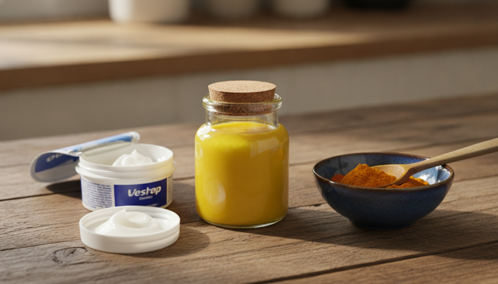 A small glass jar containing the freshly mixed yellow turmeric and Vaseline balm on a wooden table next to a small bowl 