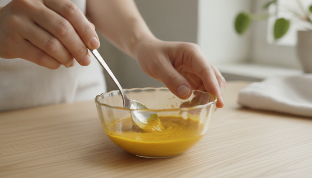 Hands mixing turmeric powder into baby oil in a glass bowl