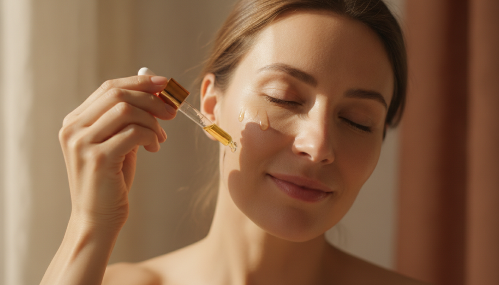 Woman applying golden facial oil to her cheek