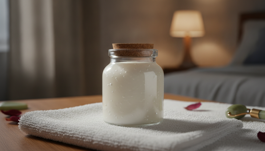 A small clear glass jar filled with the finished DIY collagen night gel smooth and creamy placed on a soft clean towel T