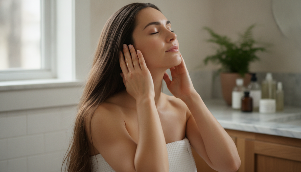 A woman gently massaging homemade Aloe Vera oil into her scalp showing the application process