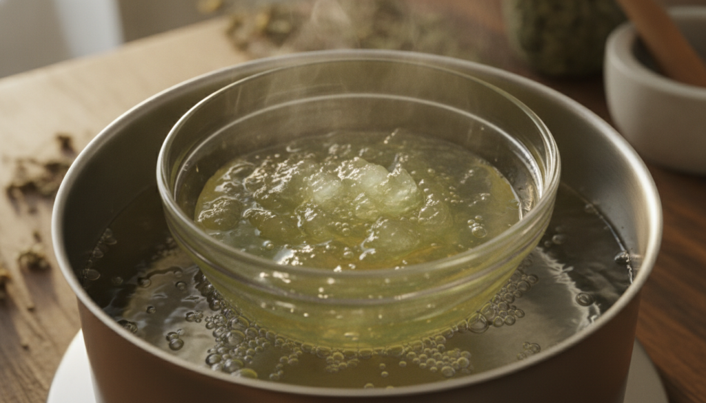 A close-up shot of Aloe Vera gel and carrier oil gently heating in a double boiler showing the infusion process